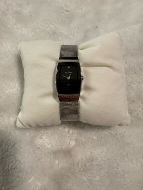 Skagen Women’s Silver Mesh Bracelet Watch with Black Face Silver Dial & Crystal